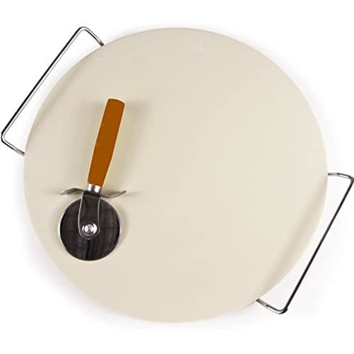 Image of ARA CHOICE Extra Large Ceramic Pizza Baking Stone Set Chrome Stand 33CM + Free Pizza Cutter Diameter 33 cm