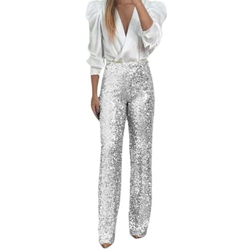 Image of Generisch Women's Party Sequins Elastic Waist Slim Fit Elastic Flared Trousers Fashion Plain Trousers, silver, S