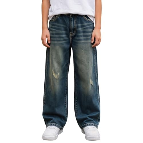 Image of Fjquamitix Boy's Baggy Jeans Cotton Elasticated Waist Loose Fit Wide Leg Jeans with Multipockets Denim Boys Cargo Trousers Casual Pants for Kids (UK, Age, 8 Years, 10 Years, Regular, Solid Blue)