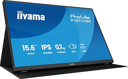 Image of iiyama P1671HSC-B1 15.6 inch Portable Monitor, IPS LCD Mini-HDMI/ 2x USB-C (Video and Power), 2 x 1W Speakers, Leather Cover and Book Stand.
