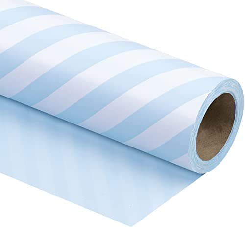 Image of RUSPEPA Reversible Wrapping Paper - Mini Roll - 43.2cm x 10m - Baby Blue and Stripes Design for Birthday, Wedding, Baby Shower