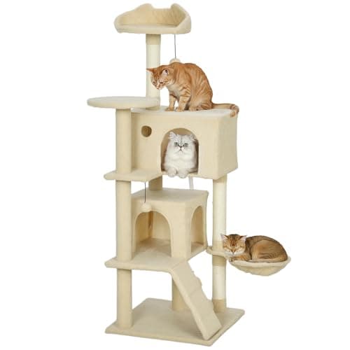Image of PawHut 140cm Cat Tree, Multi-Level Large Cat Tower with 3 Sisal Scratching Posts, Condos, Plush Perches, Hammock, Ladder, Dangling Balls, Kitten Activity Centre for Kittens Playing Relaxing, Beige