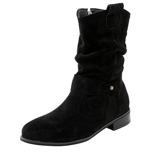 Image of Women's Classic Suede Ankle Boots With Pointed Toe, Slip-On Design, Low Heel, Buckle Detail - Transitional Short Boot, Black, 6 UK