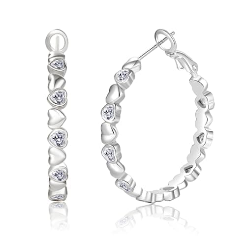 Image of PABBEU S925 Sterling Silver Hoop Earrings Cubic Zirconia Silver Hoops Earrings for Women Hypoallergenic Lightweight Heart Hoop Earring Dainty Silver Hoops Earring for Girls Women 30/40mm