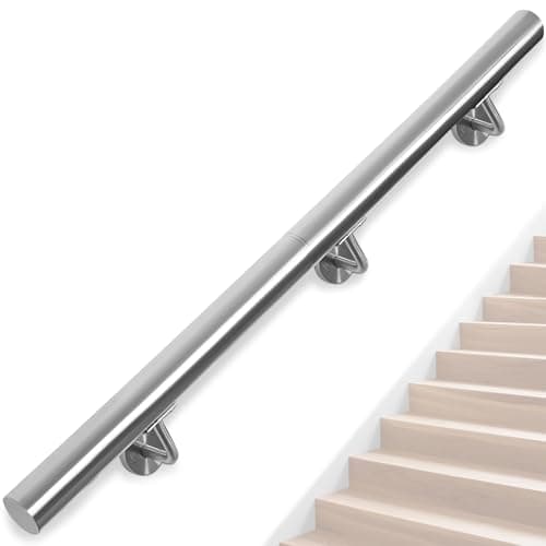 Image of OUUTMEE Stainless Steel Handrail for Stairs – 150CM/5FT Wall-Mounted Stair Railing with Brackets, Indoor/Outdoor Handrail for Loft, Porch, Garage & Deck