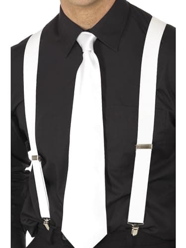 Image of Smiffys White Elasticated Braces, White with Metal Hold Clip, 1920's Razzle Fancy Dress, 1920s Dress Up Accessories Halloween