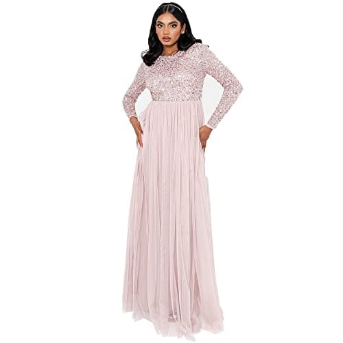 Image of Maya Deluxe Women's Ladies Dress for Wedding Guest Plus Size Empire High Waist Sequins Long Sleeve Evening Bridesmaid, Frosted Pink, 10