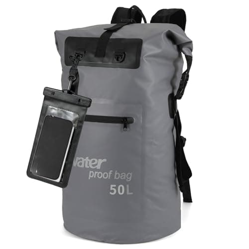 Image of WELDUN Waterproof Backpack 35L/50L Dry Bag, Rolltop Bag with IPX8 Phone Case, for Boating, Kayaking, Hiking, Camping, Fishing, Rafting, 50L Gray