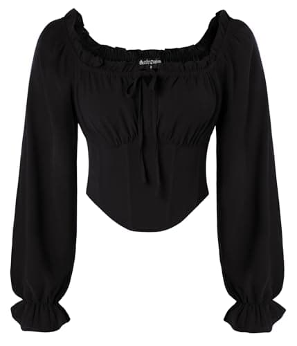 Image of SCARLET DARKNESS Women Medieval Shirt Long Sleeve Corset Tops for Women Elastic Waist Crop Top Lace-up Cosplay Blouse Black L