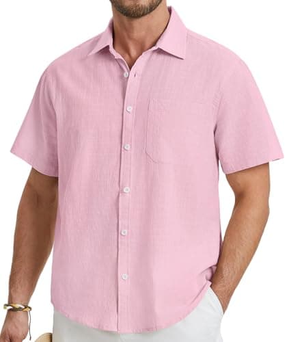 Image of HISDERN Men's Pink Linen Short Sleeve Shirts Casual Summer Beach Button Down Shirt with Pocket Regular Fit S