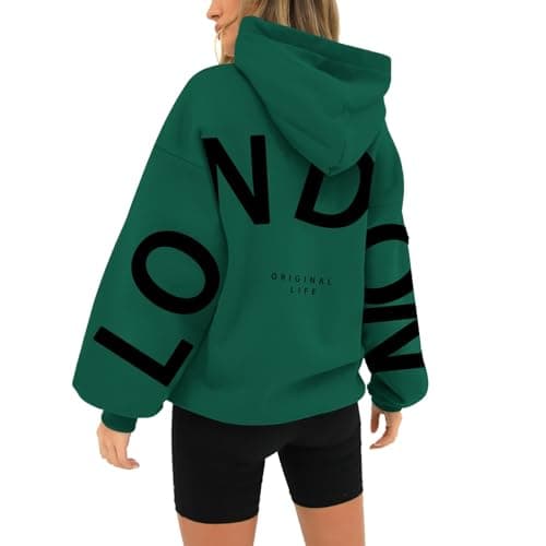 Image of HUIFUAO London Hoodies for Women UK Plus Size Mens Sweatshirts Long Sleeve Pullover Black Back Print Tops Trendy Boyfriend Unisex Streetwear (Green, L)
