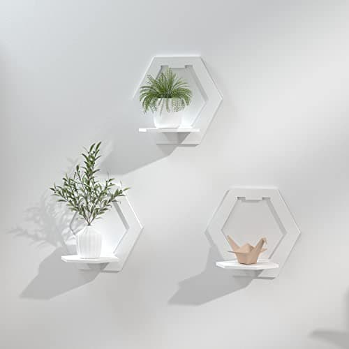 Image of Mikytoper Shelves for Wall Set of 3,Floating Shelf White,Easy Assembly 29x29x18cm PVC,Practical and Decorative Shelf for Children's Room,Living Room,Bedroom etc. (Hexagon)