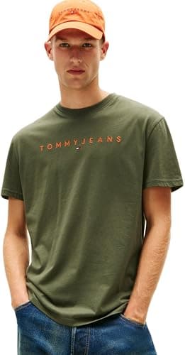 Image of Tommy Jeans Mens TJM Reg Linear Logo Tee Ext Dm0dm17993 S/S T-Shirt, Green (Pewter Green Multi), XS UK