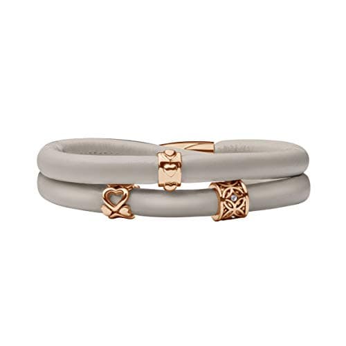 Image of Quiges Women Leather Wrap Bracelet Grey Beige 40cm with Charm Beads Rose Gold Stainless Steel Magnetic Lock