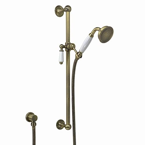 Image of ENKI ES029 Traditional Shower Slider Rail Kit Lever Outlet Antique Brass White Ceramic