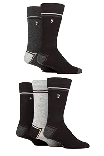 Image of Farah Mens Bamboo Socks Plain and Patterned Striped Argyle Spotty Designs, Bright Colourful, Gift for Him, 5 Pairs - Contrast Heel & Toe Black/Charcoal 6-11