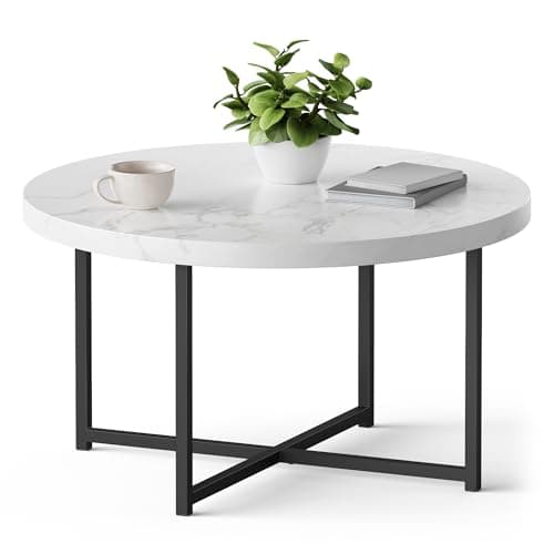 Image of VonHaus Marble Look Coffee Table for Living Room - Round Table White & Grey Marble Design - Modern Style with Black Metal Legs - Centre Table for Living Room with 80cm Diameter - Mosley