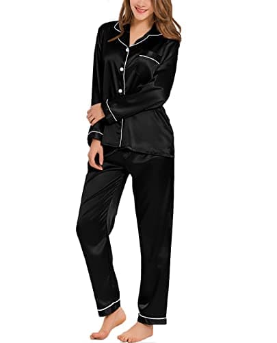 Image of SWOMOG Satin Women Pyjamas Set Long Sleeve Pyjamas Button-Down Sleepwear Soft Silk Pjs Black