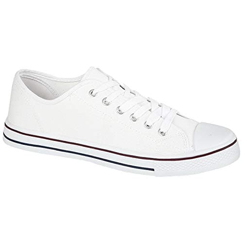Image of MyShoeStore Men's Canvas Plimsolls Lace Up Low Cut Trainers Lightweight Gym Casual Skate Sports Shoes with Non-Marking Full Sole White Colour Size 8 UK
