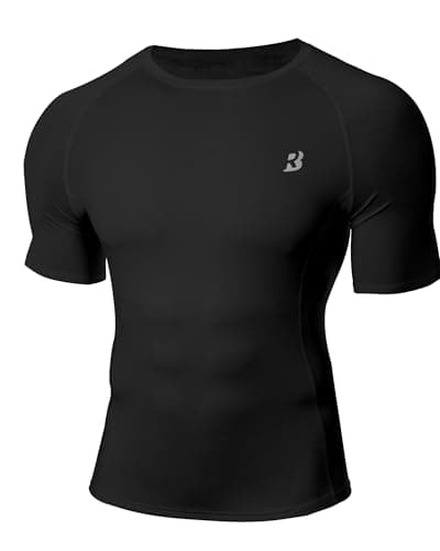 Image of Roadbox Men's Compression Short Sleeve Shirt, Quick-Dry Performance Base Layer/Sports Top for Running, Gym, Fitness & Outdoor Training Black