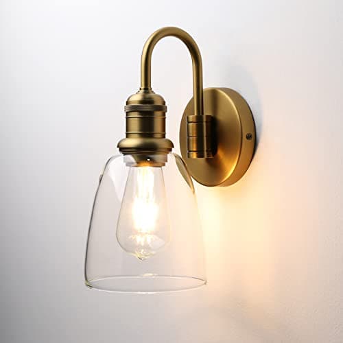 Image of JIMUBEAM 1-Light Industrial Indoor Wall Light Fixture with Cloche Clear Glass Shade, Vintage Gooseneck Wall Sconce Lamp for Bathroom Living Room Bedroom Over Kitchen Sink(Antique)