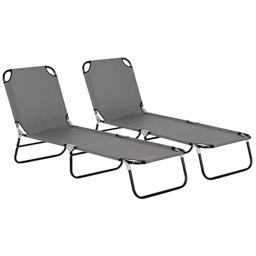 Image of Outsunny Foldable Sun Lounger Set of 2 with 5-Position Adjustable Backrest, Outdoor Portable Recliner Chaise Lounge Chair with Breathable Mesh Fabric, Grey