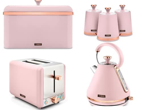 Image of Tower Cavaletto Pink Pyramid Kettle, 2 Slice Toaster, Bread Bin & Set of 3 Tea, Coffee & Sugar Canisters. New Matching Set of 6 Kitchen Items in Pink & Rose Gold