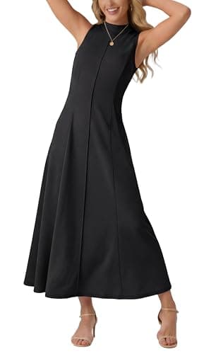 Image of GRECERELLE Women's Mock Neck Midi Dress Sleeveless Summer Dresses for Women UK Elegant A Line Ladies Casual Dresses with Pockets for Work Holiday Party (Black, M)