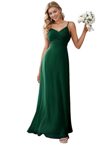 Image of Ever-Pretty Women's Spaghetti Straps V-Neck A-Line Chiffon Empire Waist Backless Maxi Bridesmaid Dress Dark Green 12UK