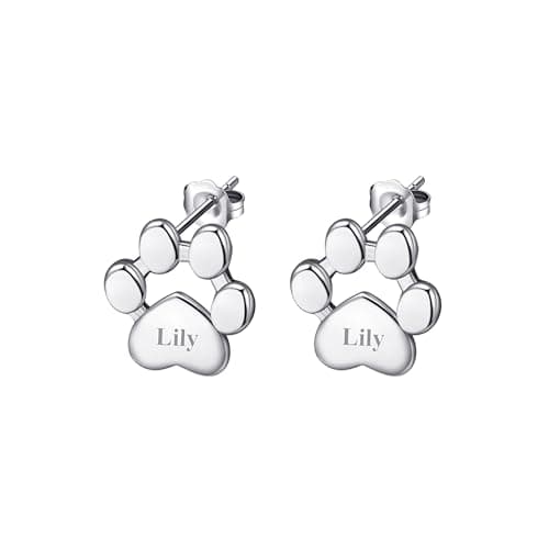 Image of Personalized Paw Print Earrings 925 Sterling Silver Custom Engraved Name Dog Paw Earrings Studs Birthday Gift for Women/Gentlemen/Couple/Pet Lover/family