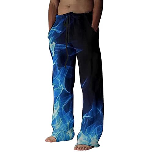 Image of Beokeuioe Men's Linen Trousers with Pocket Plain Summer Trousers Elastic Trousers Long Loose Fit with Drawstring Side Pocket Beach Trousers Made of Cotton Blend Casual Trousers Lightweight Men, D1