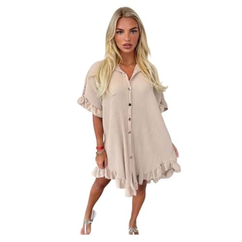Image of LUXFAB Women’s Gold Button Pleated Short Sleeve Plain Collared Frill Hem Ladies Casual Loose Fit Oversized Baggy Plus Size Swing Summer Crinkle (UK, Alpha, One Size, Regular, Regular, Stone)