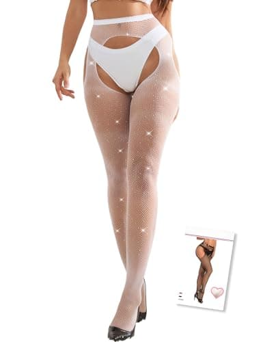 Image of ohmydear Plus Size Rhinestone Fishnet Tights for Women XS-5XL, Sparkly High Waisted Glitter Fishnets, Sexy Mesh Stockings for Party Rave Performance