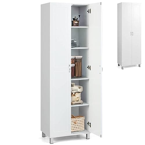 Image of COSTWAY 187cm Tall Kitchen Cupboard, 2-Door Buffet Pantry Storage Cabinet with Adjustable Shelves, Elevated Feet & Anti-tipping Device, Freestanding Sideboard Organizer Unit for Dining Room (White)