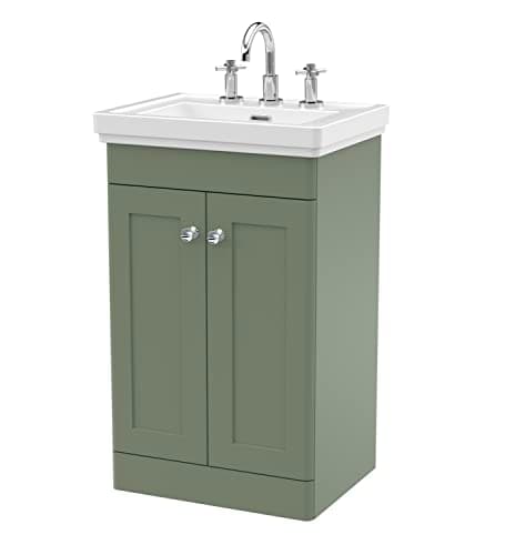 Image of nuie CLC823B Classique Traditional Bathroom Floor Standing 2 Door Vanity Unit with 3 Tap Hole Fireclay Basin, 500mm, Satin Green