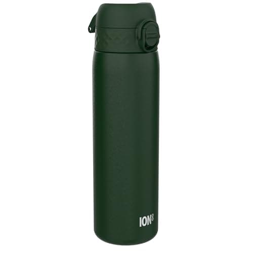 Image of Ion8 Lightweight Steel Water Bottle, 600 ml/20 oz, Non-Insulated, Leak Proof, Easy to Open, Secure Lock, Dishwasher Safe, Flip Cover, Fits Cup Holders, Carry Handle, Metal Water Bottle, Dark Green