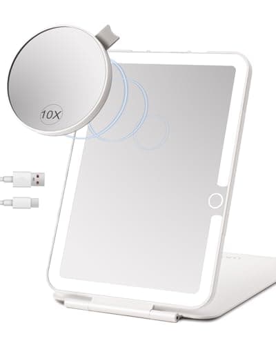 Image of LUKYMIRO Rechargeable Travel Makeup Mirror with Lights, Portable Lighted Vanity Mirror with 10X Magnification, 70 LEDs 3 Color Lights, Touch Tabletop Folding Compact Cosmetic Mirror White