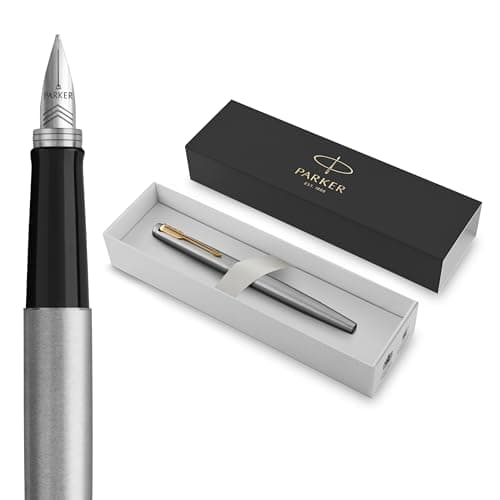 Image of Parker Jotter Fountain Pen | Stainless Steel with Gold Trim | Medium Nib Blue Ink | Includes Gift Box