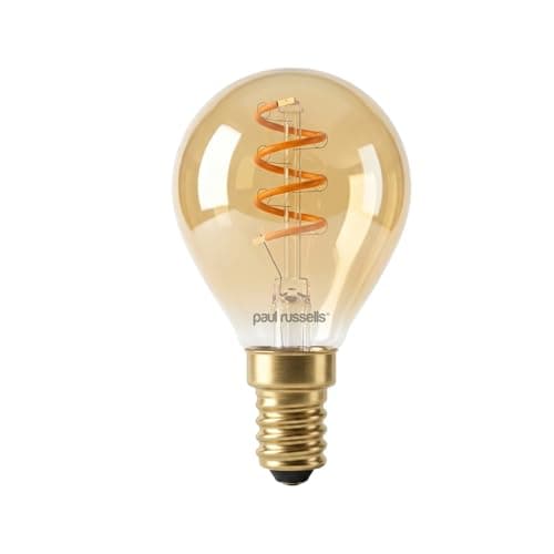Image of paul russells Dimmable Spiral LED Filament Small Edison Screw Golf Ball Bulb, E14 2.5W (15W Equivalent) - 135LM, 1800K Extra Warm SES Amber Light, G45 Decorative Vintage Lamp – Pack of 1