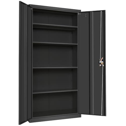 Image of Frideko Metal Storage Cabinet 90 x 40 x 185cm - Lockable Cabinet with 2 Doors and 4 Adjustable Shelves, Storage Cupboard with Lock for Home, Office, Warehouse, Black