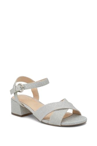 Image of Paradox London Neala Wide Fit Low Block Heel Ankle Strap Sandals with Crossover Straps, Shimmer Material, 4.5cm Heel (silver, UK Footwear Size System, Adult, Women, Numeric, Wide, 6)