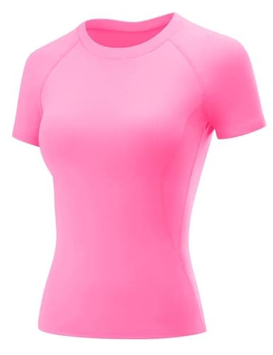 Image of Rapbin Gym Tops Compression Workout Top Womens Short Sleeve Activewear Sports Tee Shirt Tight Shirts Athletic Yoga Running Pink L