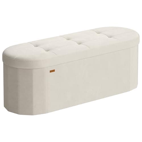 Image of SONGMICS Storage Ottoman Bench, Storage Chest, Folding Foot Rest Stool, Easy Assembly, for Living Room, Entryway, Bedroom, Velvet Fabric, 110 L Capacity, 38 x 110 x 38 cm, Cream White LSF297LH02