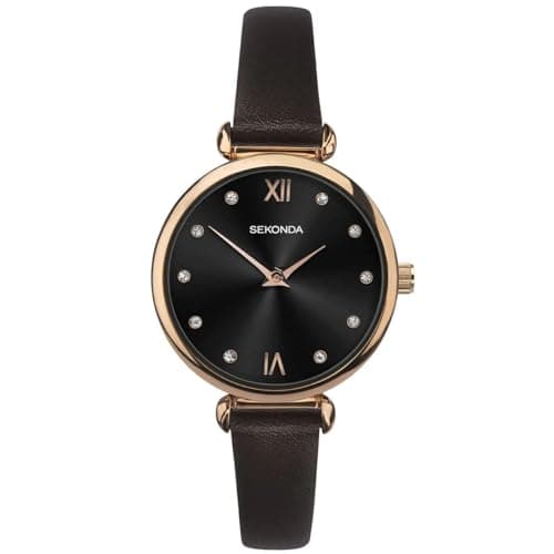 Image of Sekonda Ladies Rose Gold Plated Dark Brown Leather Strap Watch 2785
