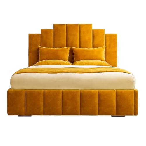Image of Luxury Plush Velvet Art Deco Ottoman Storage Bed Frame with Headboard – Modern Gas Lift Up Base – Premium Upholstered Bedroom Furniture – UK Made (Push Mustard, 5ft King Size)