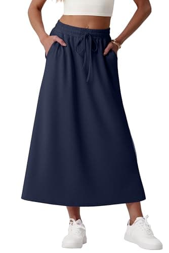 Image of GRECERELLE Women's Skirts with Pockets Elasticated Waist Midi Skirt A-Line Summer Casual Maxi Skirt Long Skirts for Women UK (Navy Blue, XL)
