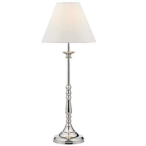 Image of Polished Nickel Vintage Candlestick Table Lamp with Ivory Faux Silk Shade | 55cm Height | 1 x SES E14 Lamp Bulb Required (Not Included) | Inline Switch | UK Approved | Metal Lathe Turned Column