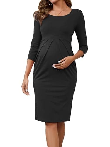 Image of MARI GABRIEL Womens Maternity Dresses Crew Neck 3/4 Sleeves Office Cocktail Back Zipper Work Pregnancy Dress Black L