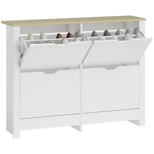 Image of HOMCOM Narrow Shoe Cabinet, Space Saving Shoe Storage Cabinet with 4 Flip Drawers and Adjustable Shelves for 4-16 Pairs of Shoes for Hallways and Living Room, White