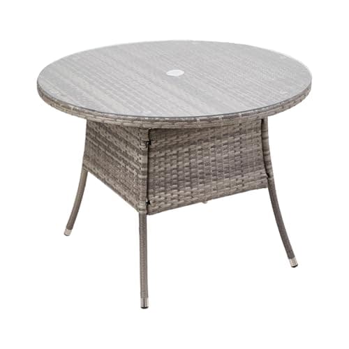 Image of Warmiehomy Rattan Garden Table 100cm Round Outdoor Dining Table with Tempered Glass Tabletop Wicker Patio Tables with Parasol Hole Grey Outdoor Side Tables